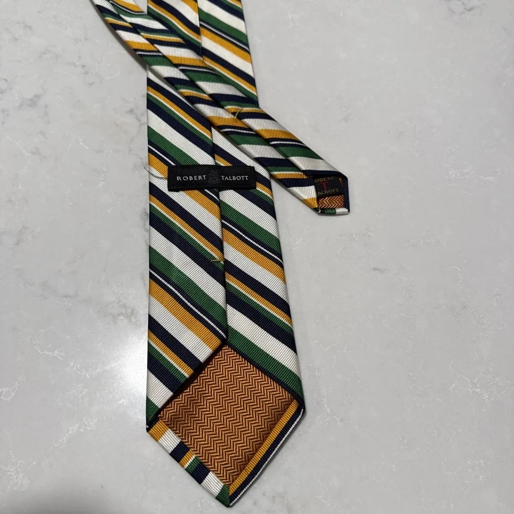 Robert Talbott Silk Repp Tie Ivory Navy‎ Green Gold Regimental Stripe 58 x 3.25